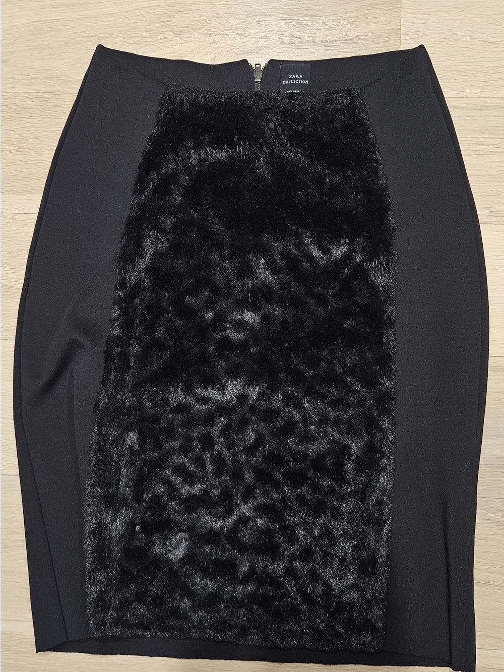 Zara Black Faux-Fur Panel Pencil Skirt